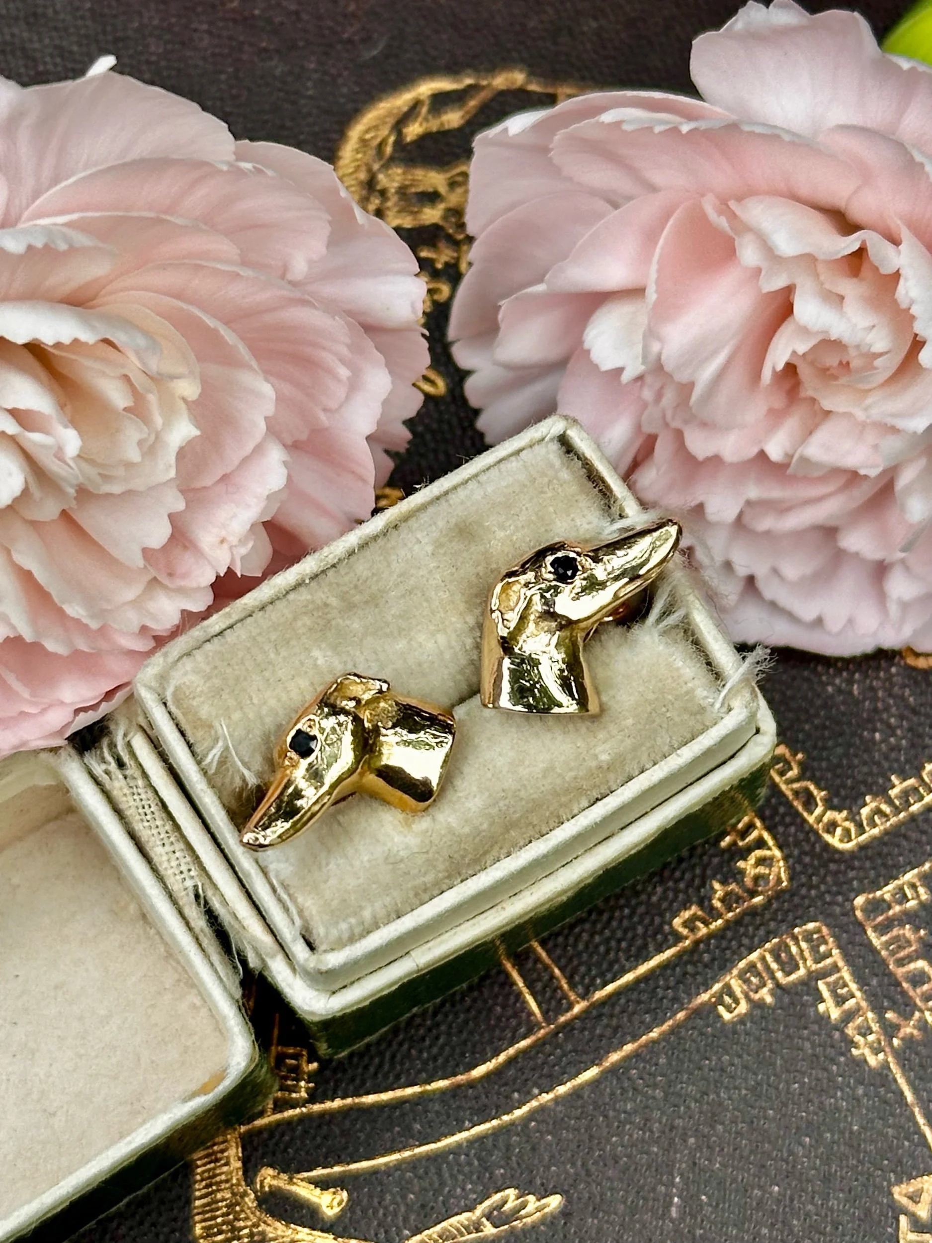 Vintage 9ct Gold Greyhound Earrings with Sapphire Eyes