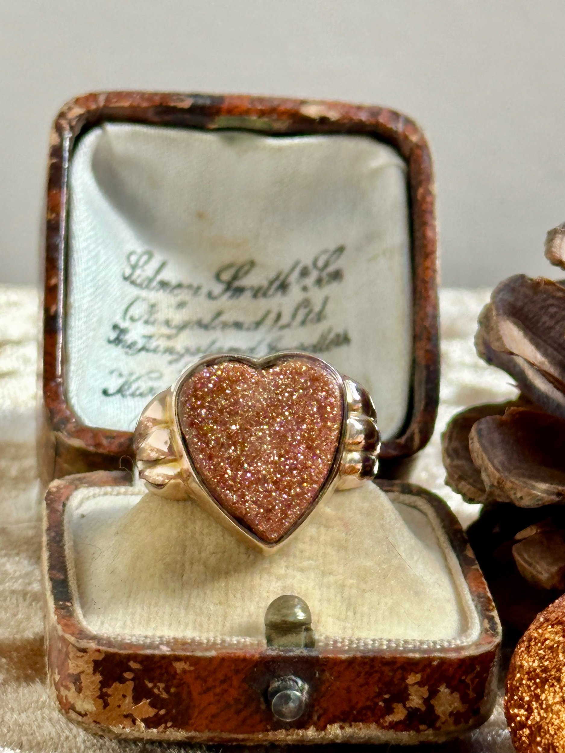Antique 9ct Rose Gold & Goldstone Heart Ring Size Q