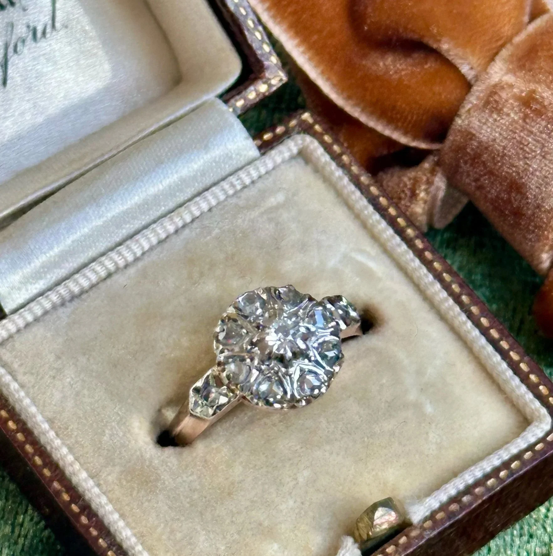 Antique 18ct Gold & Platinum Rose-Cut Diamond Daisy Cluster Size M1/2