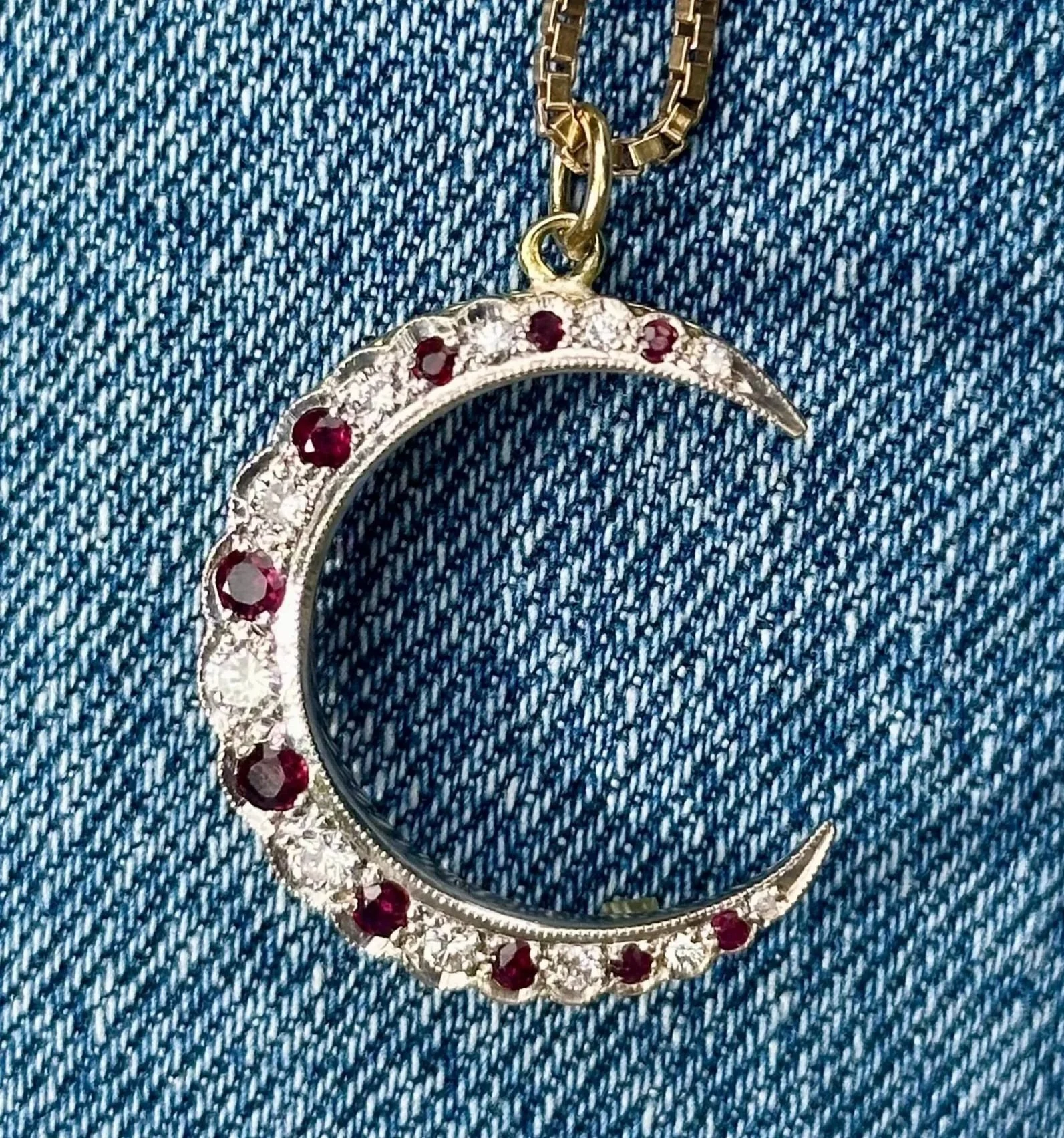 Antique 18ct Gold Ruby & Diamond Crescent Moon Pendant