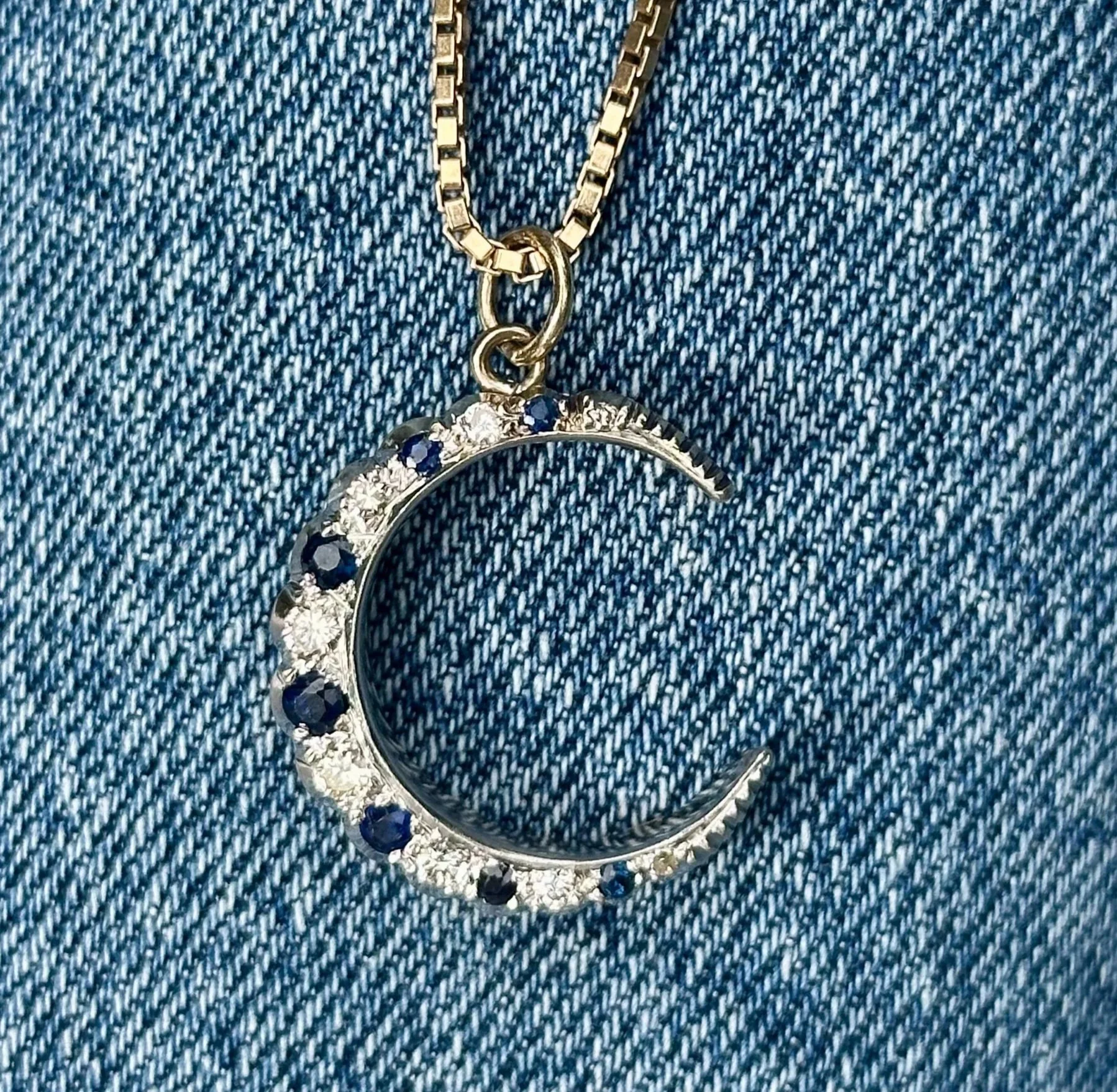 Antique 9ct Gold Sapphire & Diamond Crescent Moon Pendant