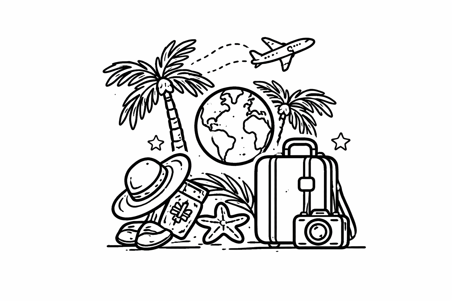 Black and white line drawing of travel-related items including a suitcase, a camera, a hat, a postcard, a starfish, sunglasses, palm trees, the Earth, a star, and an airplane in flight.