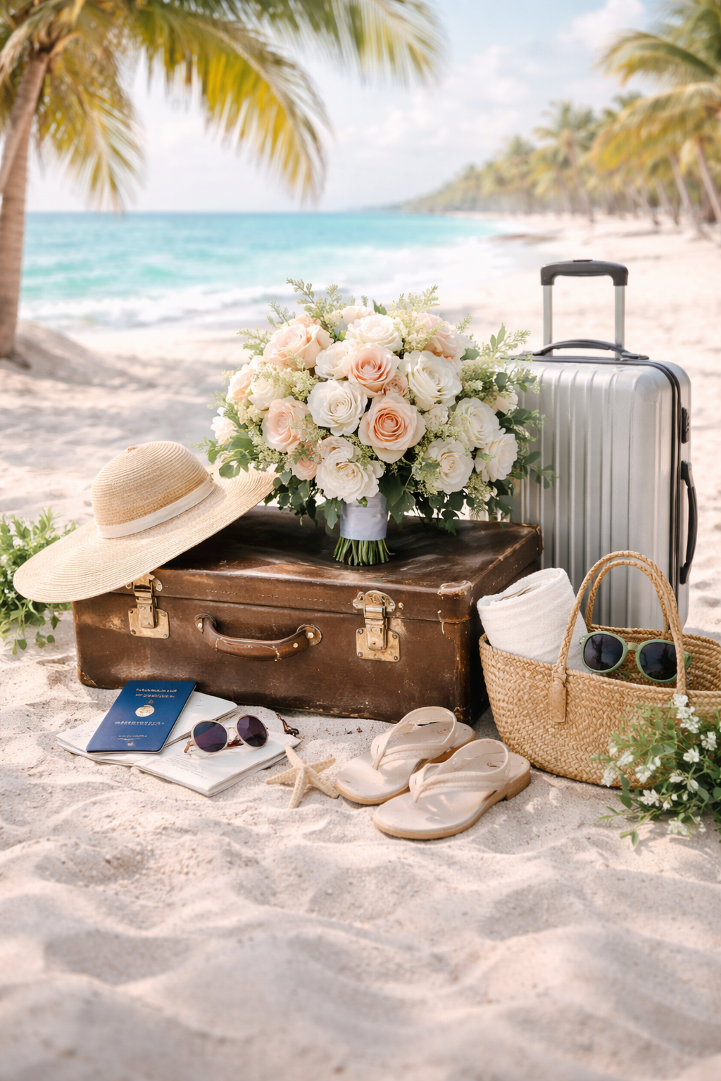 Beach scene with a suitcase, a large bouquet of pink and white roses, straw hat, sunglasses, a travel journal, a starfish, flip-flops, a woven bag with sunglasses, a rolled towel, and a silver suitcase, with palm trees and the ocean in the background.