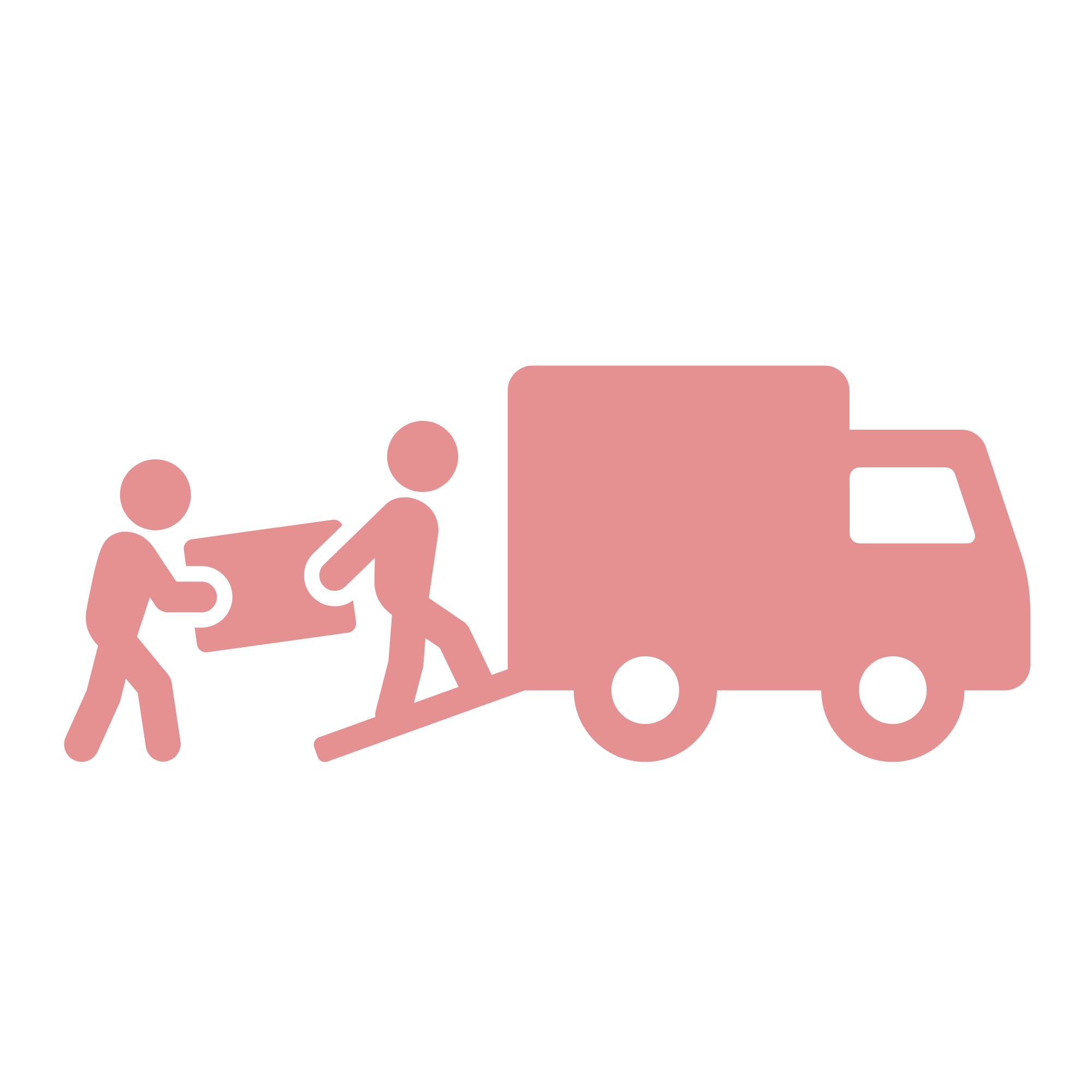 Minimalist illustration of a pink tanker truck with workers pushing and walking around it, set against a black background.