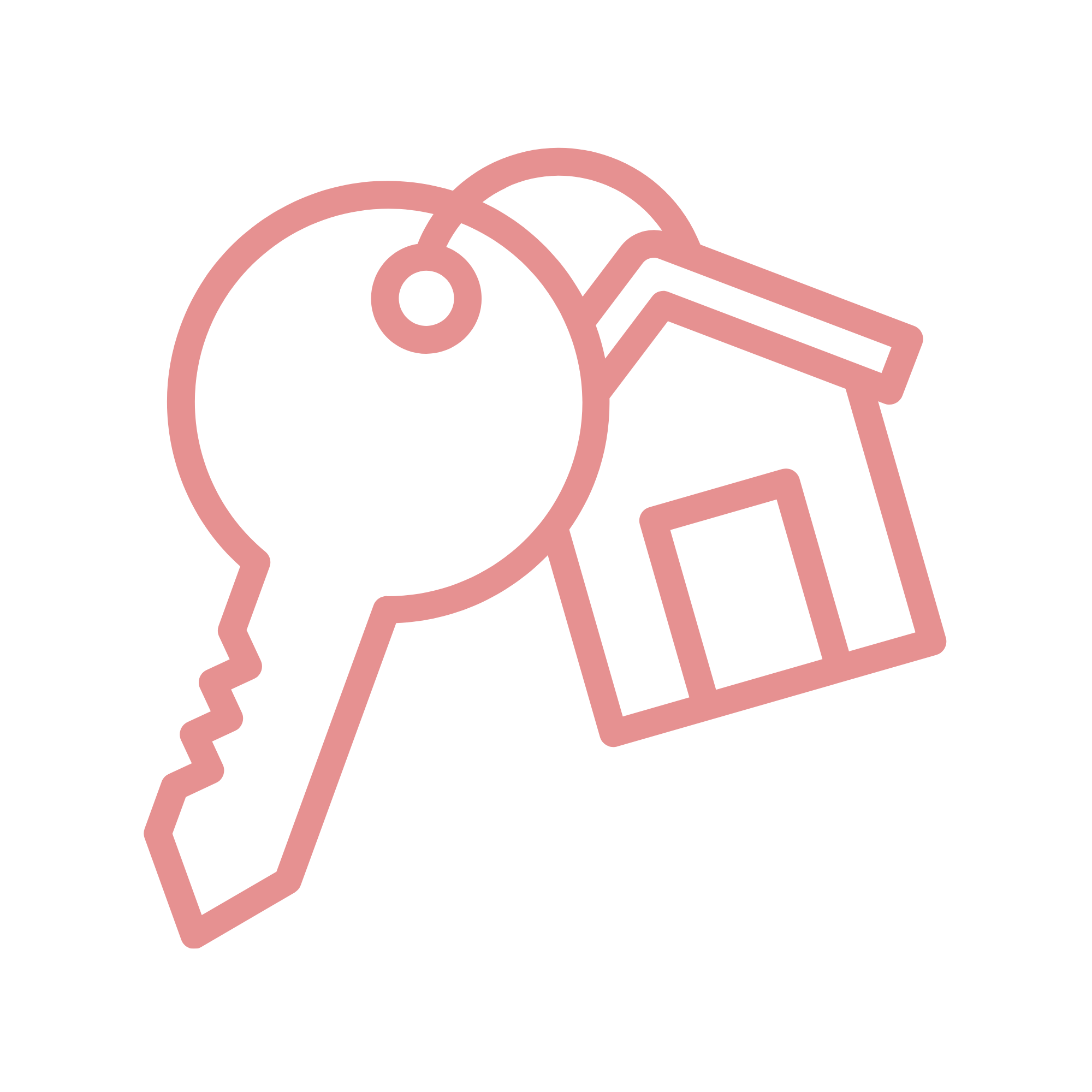 Outline drawing of a saw, magnifying glass, and tools in pink lines.