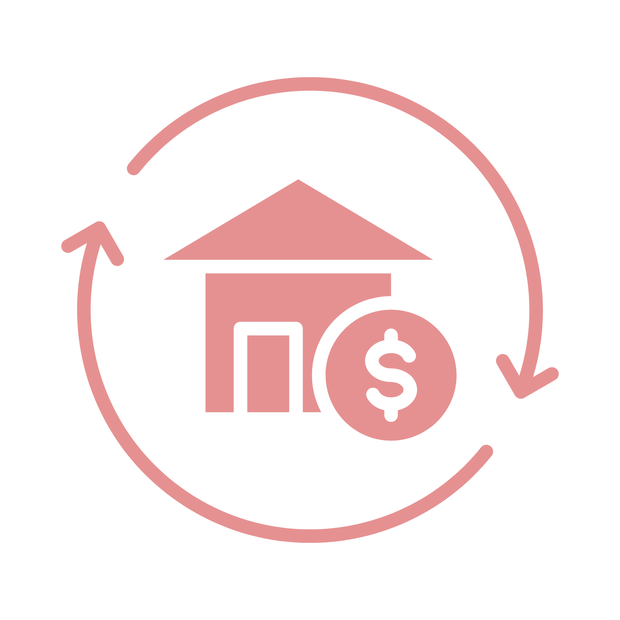 Financial growth and investment concept with icons of a dollar sign, a piggy bank, and a bar chart inside a pink circle with arrows around it.