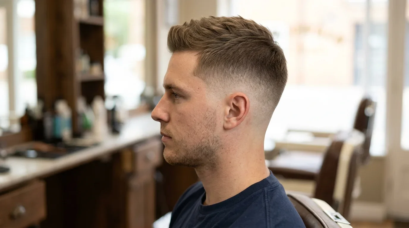 Man showcasing a modern crew cut hairstyle with faded sides in a professional barbershop.