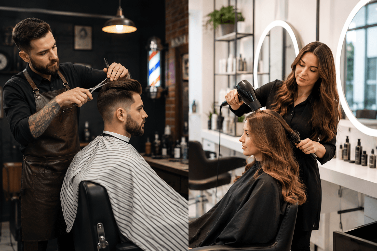 A barber trims a man's short hair under warm light, while a woman stylist blow-dries a woman's long hair in a modern salon with bright mirrors.