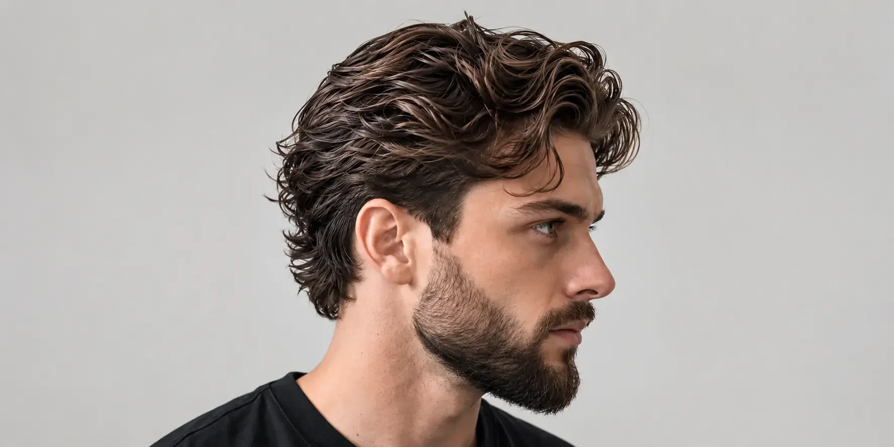 Profile portrait of a serious bearded man with wavy dark hair, facing right against a plain gray background, conveying a thoughtful, confident mood.