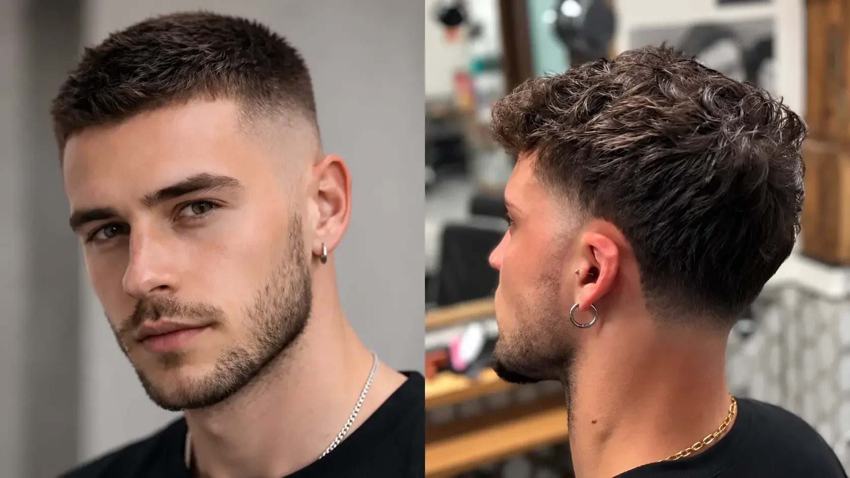 Two male haircut portraits show a sharp textured crop, fade, and beard from front and side, with earrings and confident expressions.