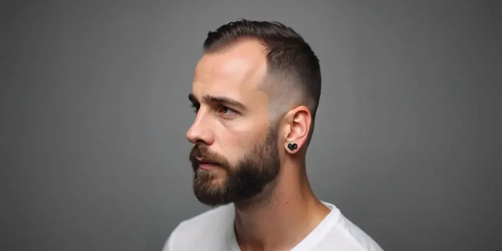 Profile portrait of a bearded man with short dark hair and an ear plug, wearing a white shirt against a gray background, serious and calm.