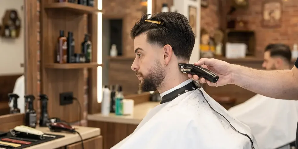 A barber carefully trims a seated man’s neckline with electric clippers in a warm, wood-paneled barbershop, creating a calm, focused grooming scene.