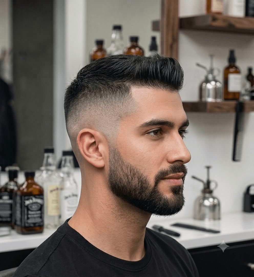 A man with a fade haircut and a groomed beard sits in a barbershop. Shelves with grooming products and barber tools are visible in the background.