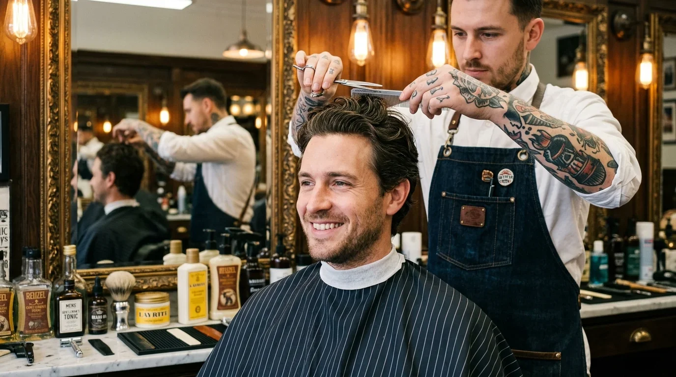 A tattooed barber cuts the hair of a smiling man with scissors in a vintage barbershop, with products and mirrors visible in the background.