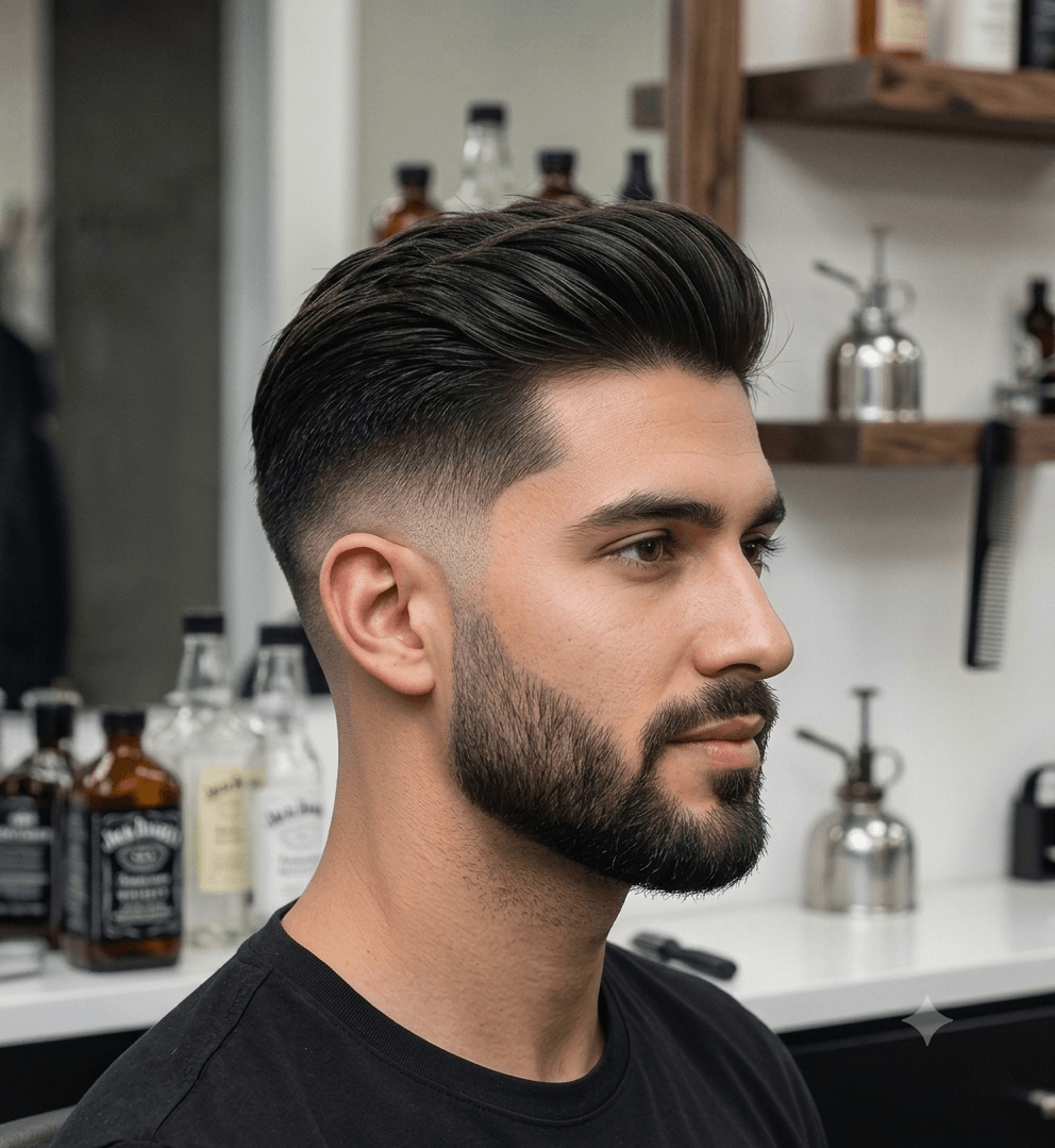 Side profile of a man in a barbershop with a sleek, styled haircut and full beard. Shelves in the background hold grooming products, conveying a modern, polished look.