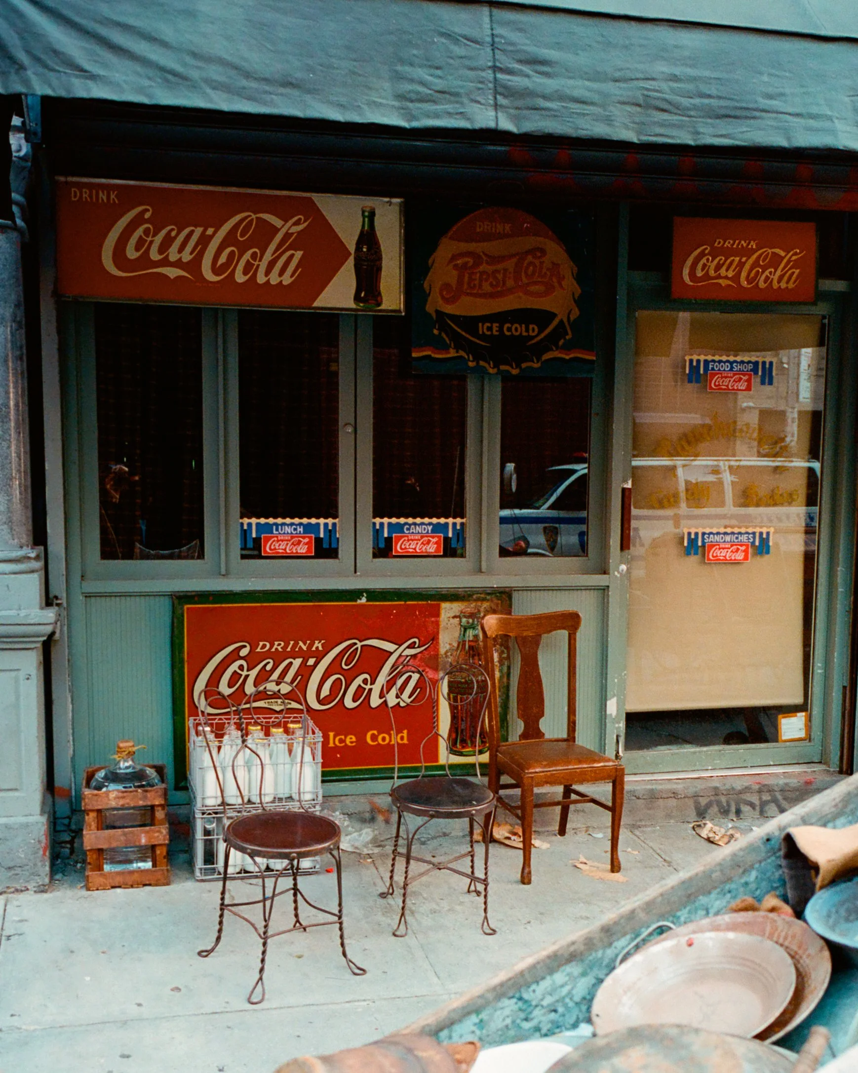 Portra 400 film photo captured with a Contax G2 of the 'Marty Supreme' film set in the Lower East Side, New York.