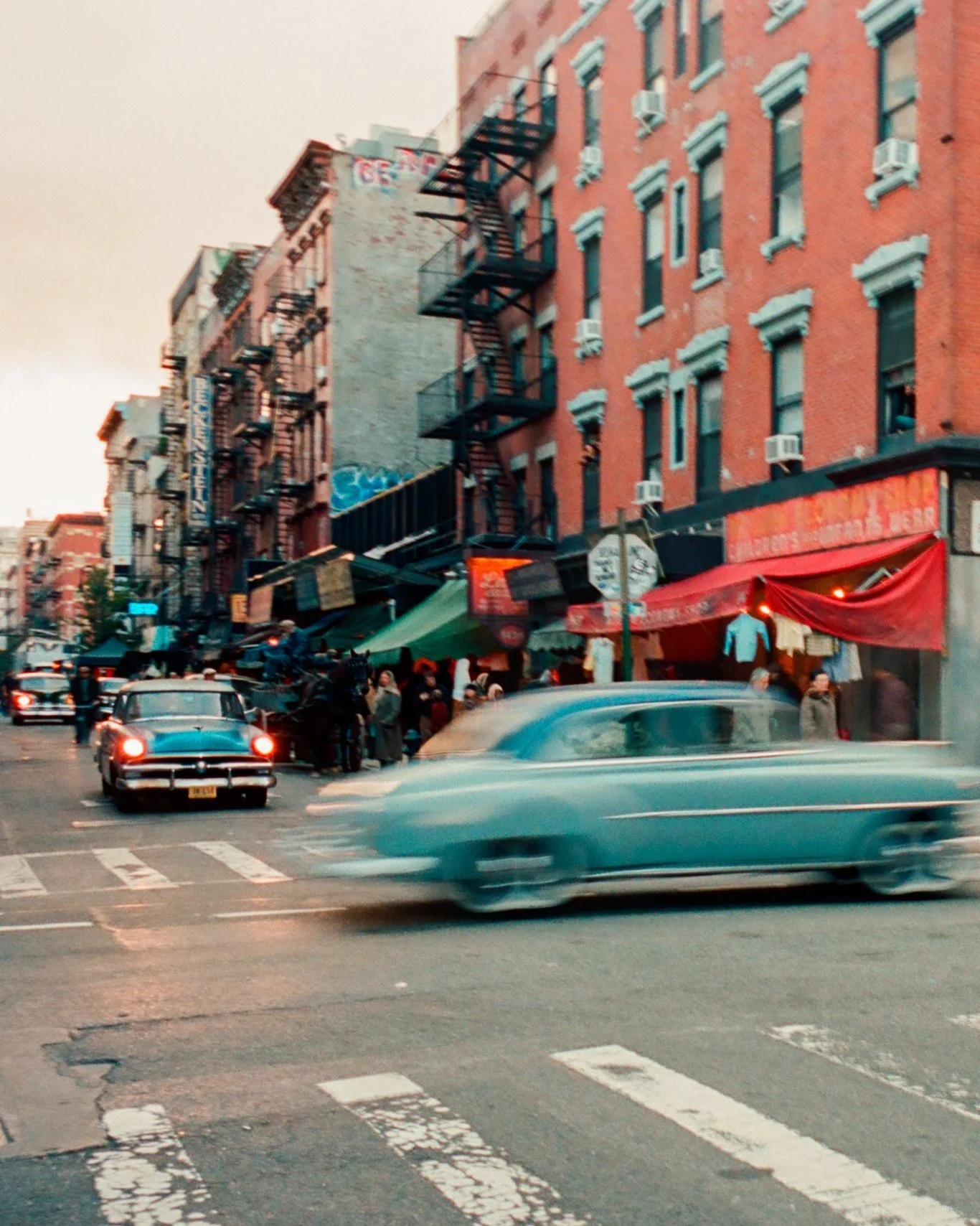 Portra 400 film photo captured with a Contax G2 of the 'Marty Supreme' film set in the Lower East Side, New York.