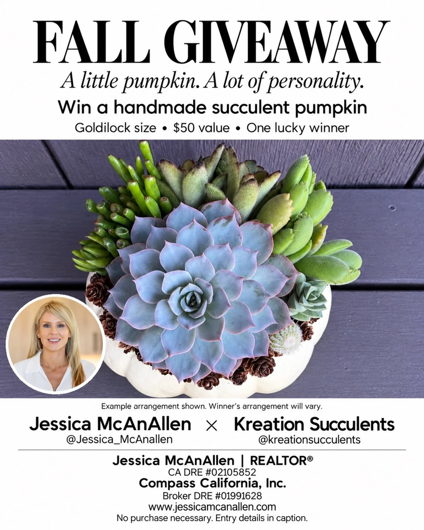 🎃 FALL GIVEAWAY! The cutest little pumpkin could be yours!

I&rsquo;m teaming up with @kreationsucculents to give ONE local winner a handmade Goldilock-size succulent pumpkin arrangement valued at $50! 🤍 She also offers plants and small landscaping