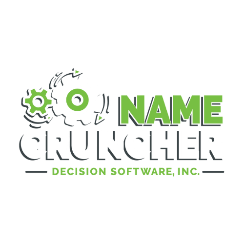 Name Cruncher Typography Logo in white with turning gears in the top left corner