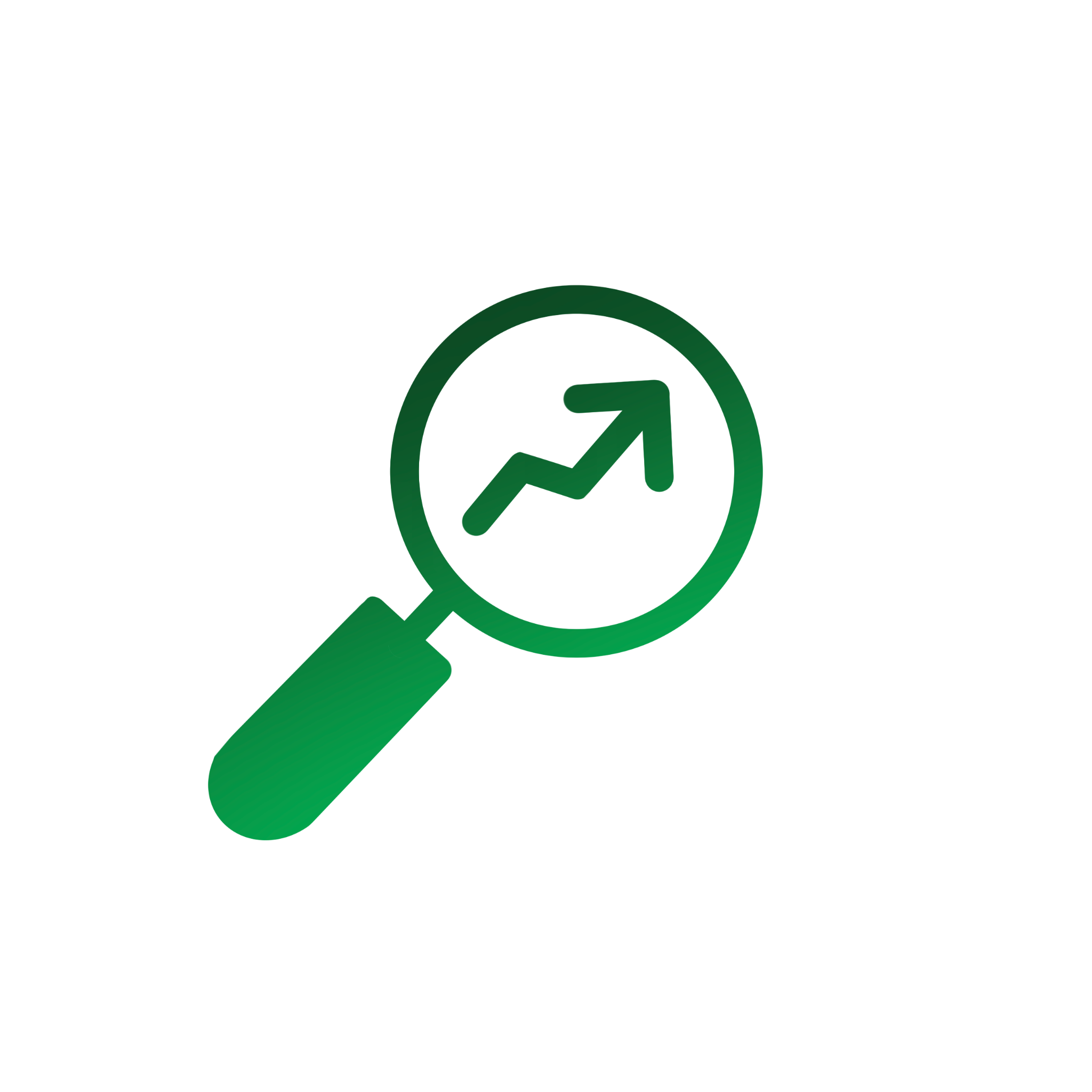 Green ombre icon of a magnifying glass with an arrow inside charting upward to symbolize analytics & reportings