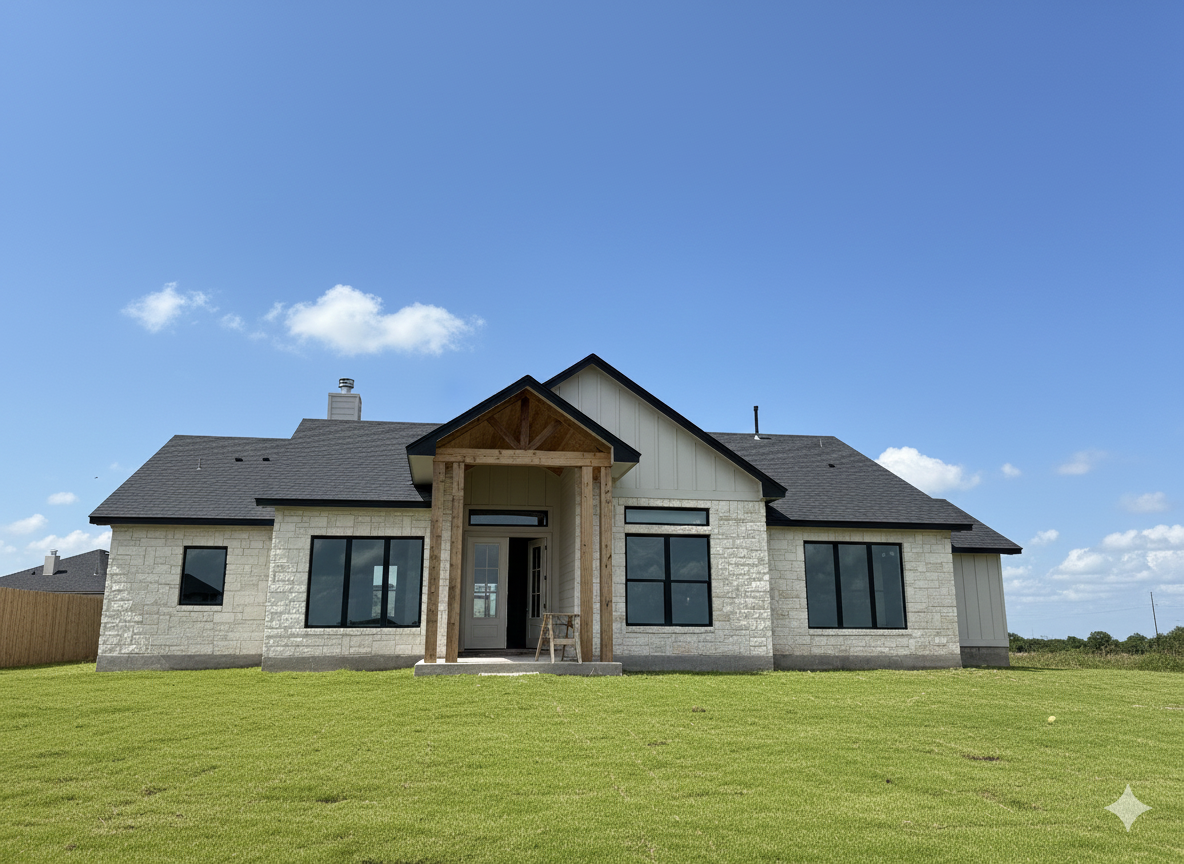 Architectural blueprint of a house exterior showing windows, door, roof, and side siding with construction details