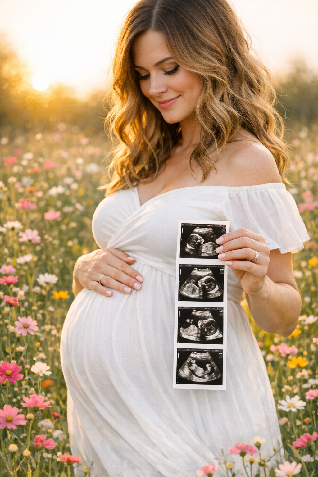 Pregnant woman with long wavy hair holding ultrasound pictures in a wildflower field during sunset, wearing a white off-shoulder dress.
