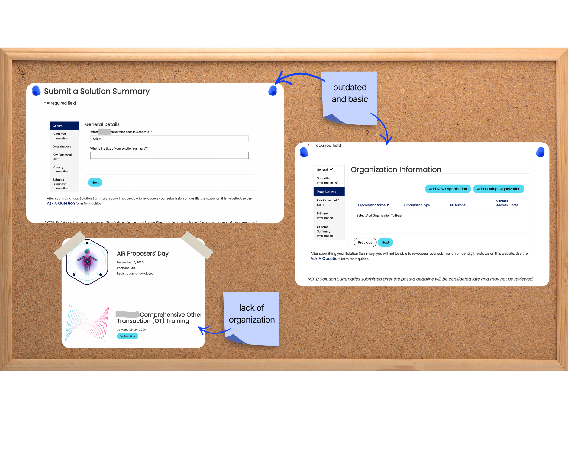 Bulletin board depicting old screenshots of a webpage form and events page.