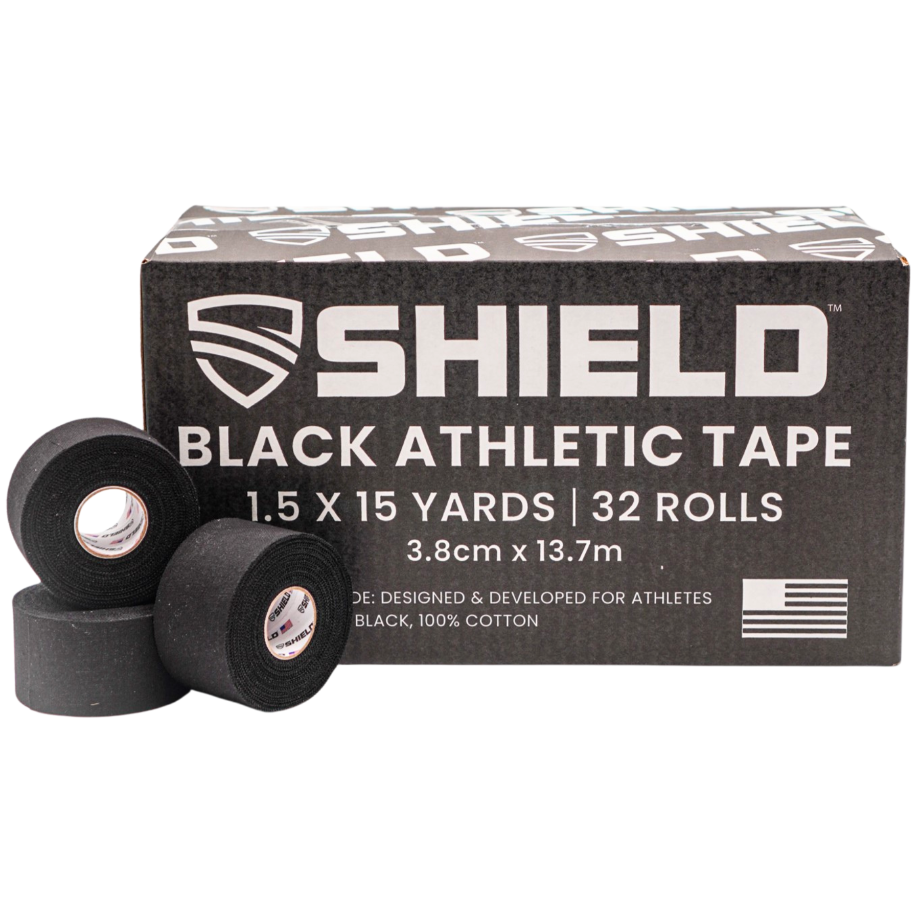 SHIELD Athletic Tape 1.5" x 15yds 32-Roll Case BLACK