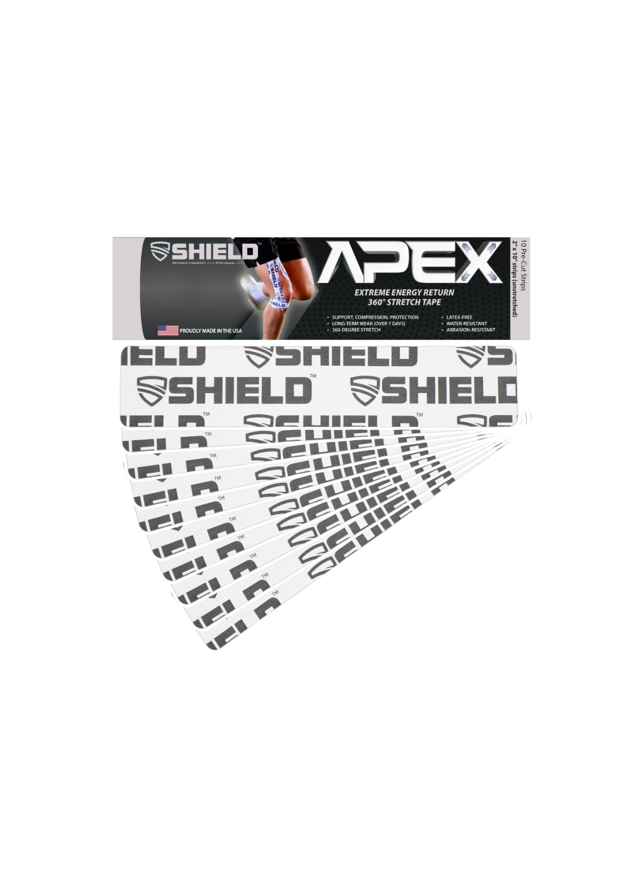 SHIELD Apex Kinesiology Tape 2" x 10" Strips 10pk (10 sets per Case)