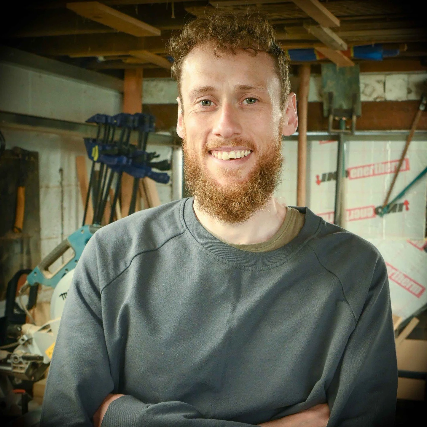 We'd like to introduce ourselves, first off here's Tom. He started out labouring then worked building passive houses. Over the years he's developed a love for working with wood which pairs well with his creative and mathematical mind. When he's not w
