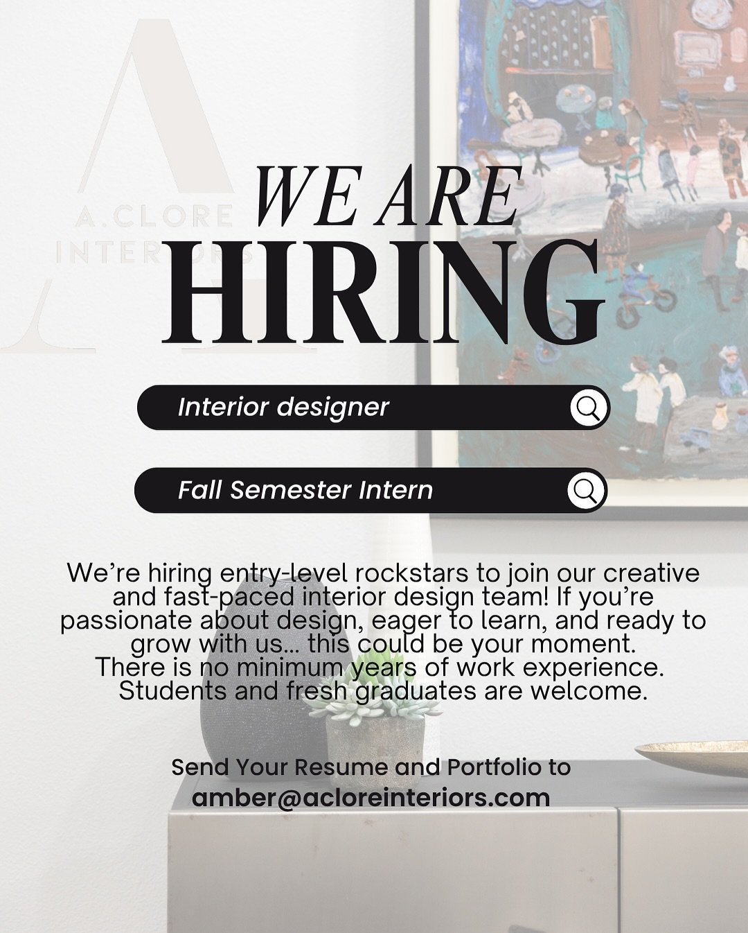 📣 Okay, yes &mdash; this post looks a little formal and HR-approved&hellip; but let&rsquo;s be clear: we are not your average design crew. &ldquo;We&rsquo;re a cool design firm&rdquo; ☺️

We&rsquo;re hiring a full-time interior designer and a fall s