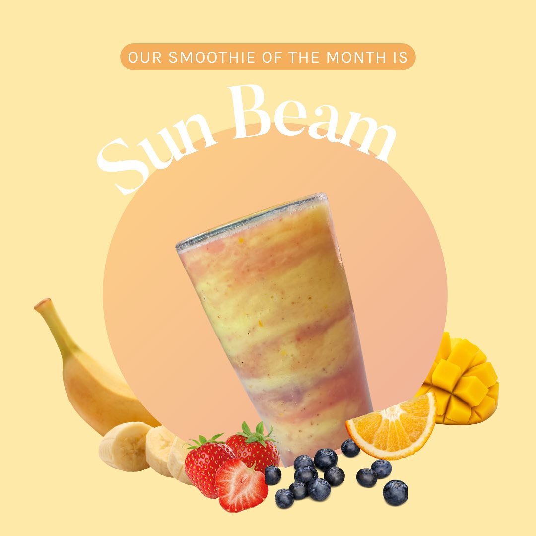 Bring out your inner glow with our Smoothie of the a month, Sun Beam! ☀️🍊🥭🍌🫐

Mango, orange zest, banana, cold pressed pineapple juice, cami camu, collagen, strawberry swirl, blueberry swirl 

Packed with vitamin C rich ingredients, collagen, ant