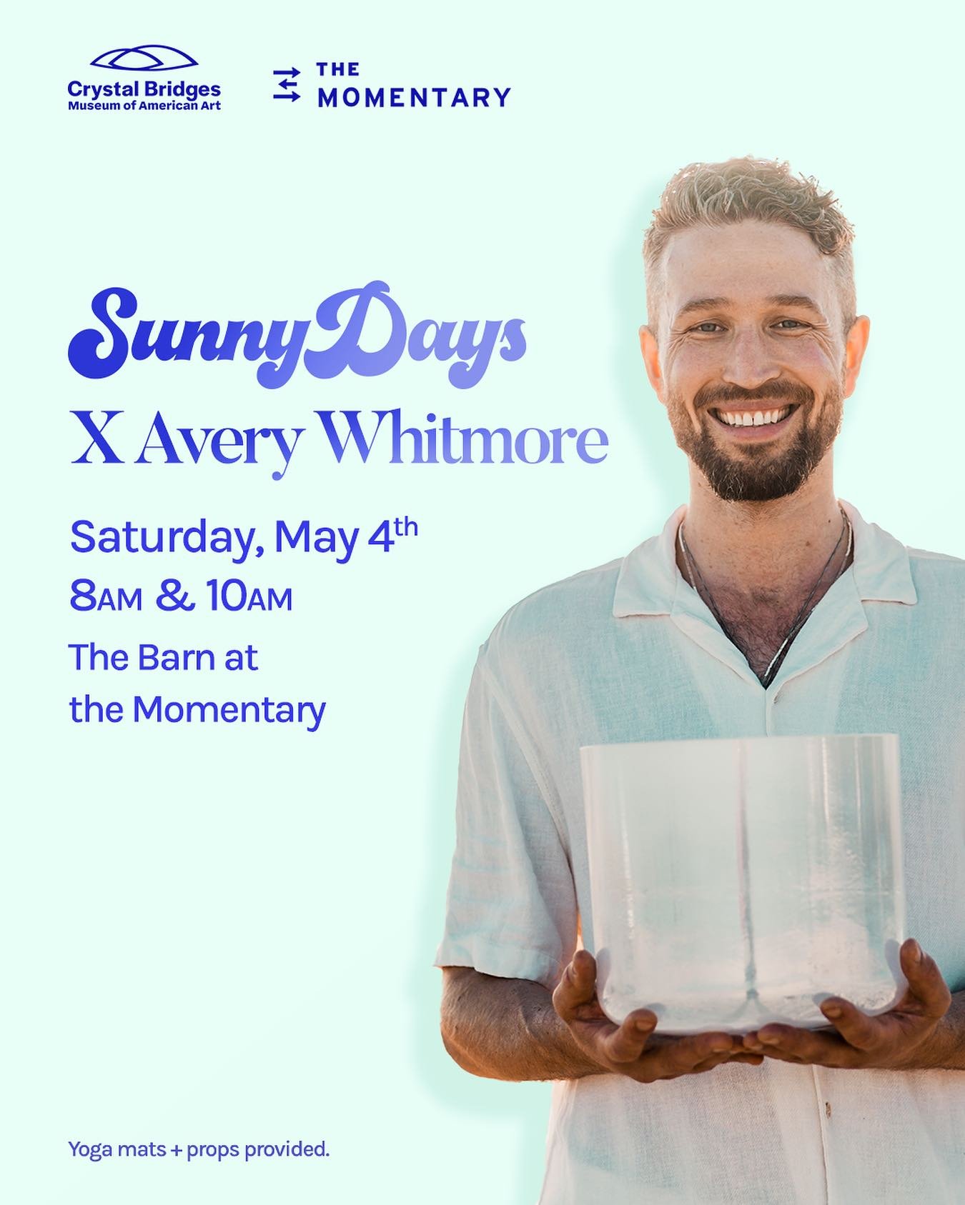 Announcing our next @sunnydaysbentonville event! Join us for Sound and Breathwork with @averywhitmore ✨ In partnership with @crystalbridgesmuseum and @themomentary cross-campus Wellness Fest! 

Avery Whitmore is a Healing Arts Practitioner deeply com