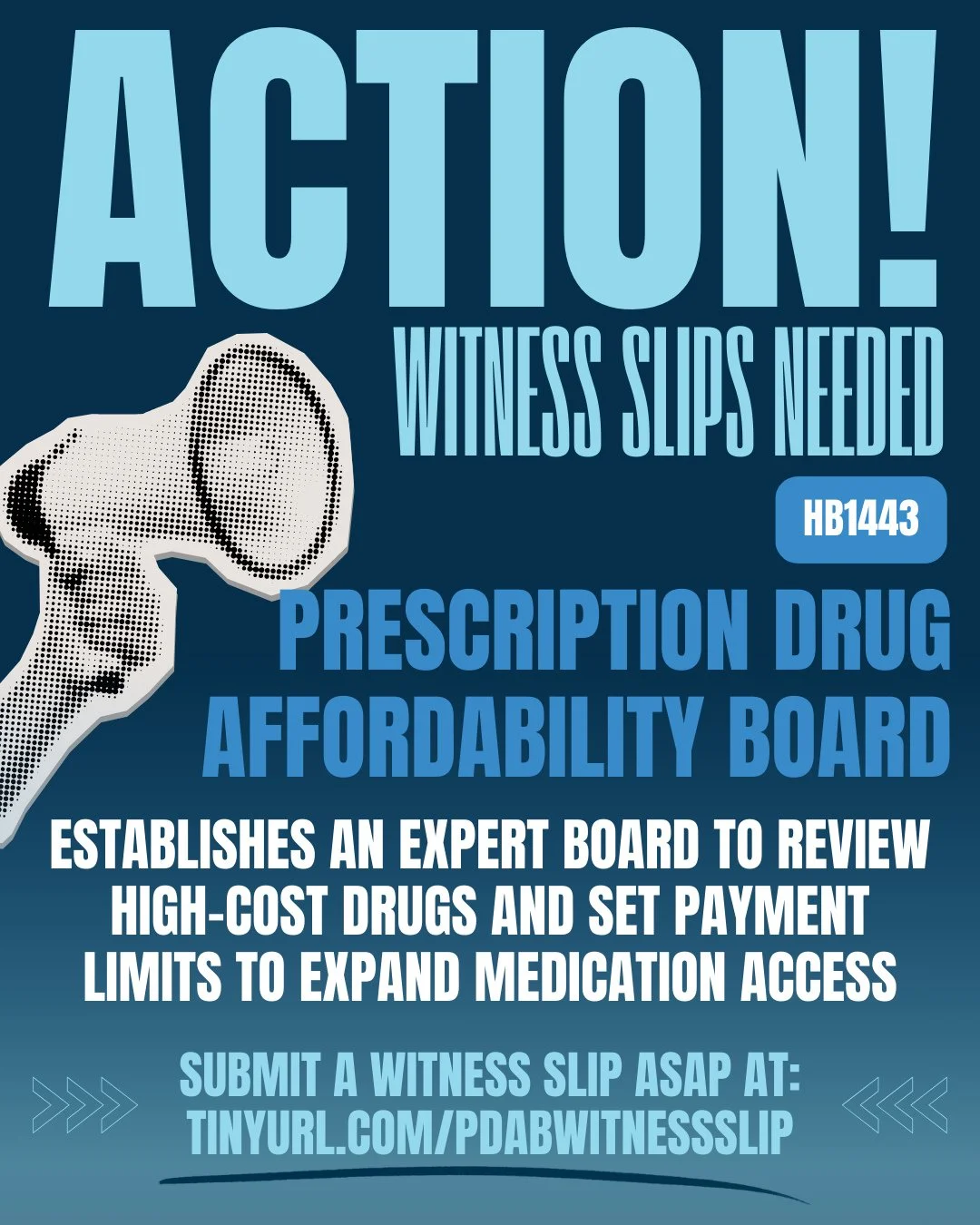 ACTION ALERT! House Bill 1443 &mdash; Prescription Drug Affordability Board Act &mdash; has been assigned a hearing on March 24 at 4pm on the Health Care Availability &amp; Access Committee!⁠
⁠
📣Submit a witness slip ASAP in support of PDAB at: tiny