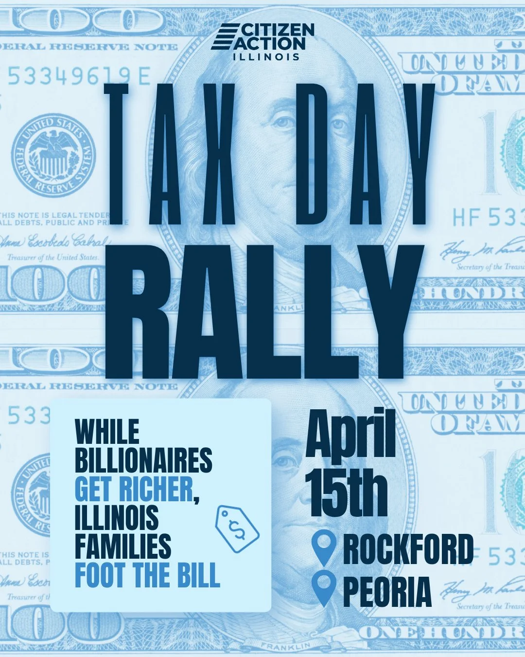 Tax Day is almost here. While the richest get massive tax breaks, everyday Illinoisans are left paying more and getting less while facing cuts to programs that our communities rely on. ⁠
⁠
Join us on April 15 in Rockford or Peoria to demand a tax sys