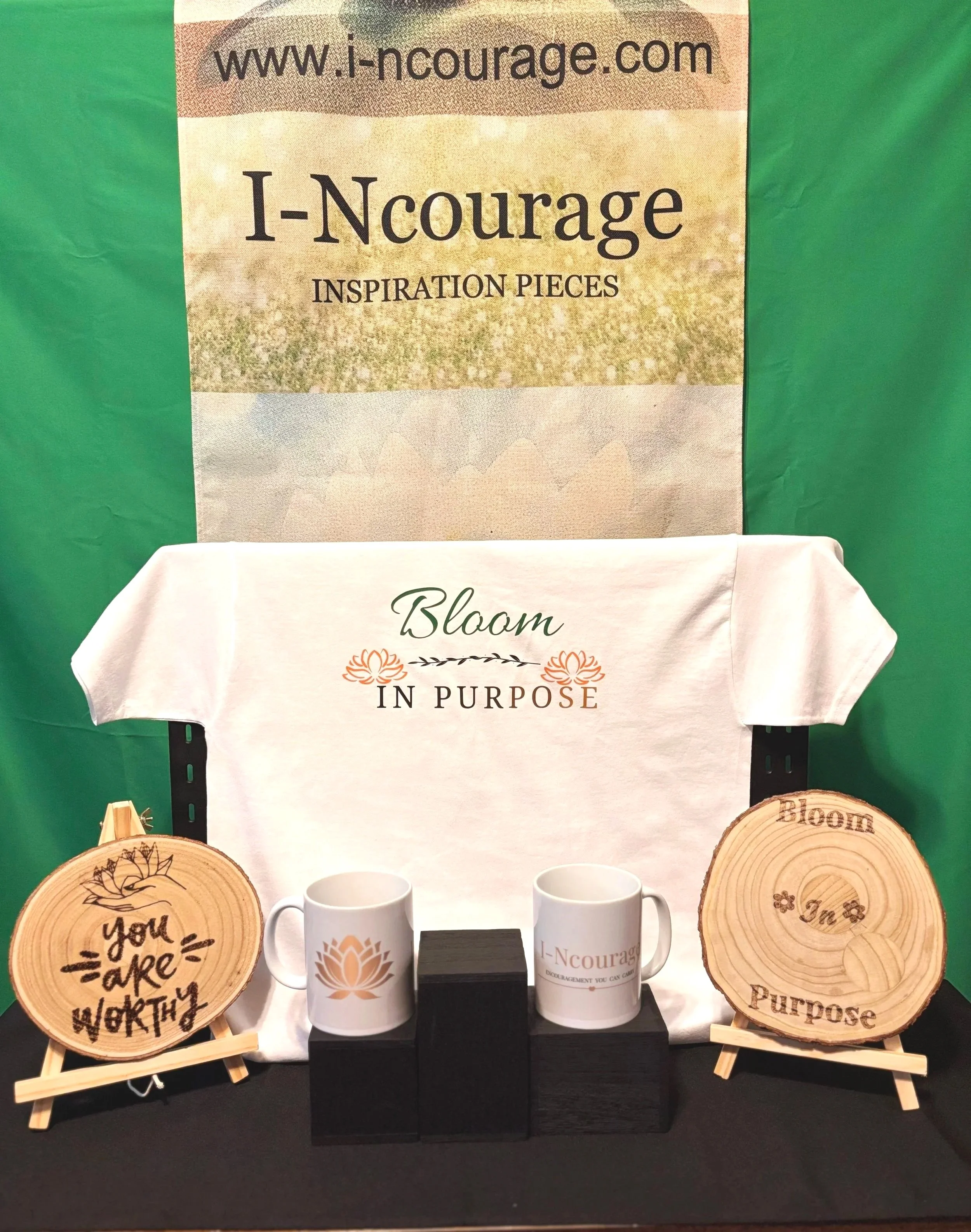  "Bloom In Purpose encouragement bundle with inspirational apparel, affirmation wood pieces, and lotus mugs from I-Ncourage."