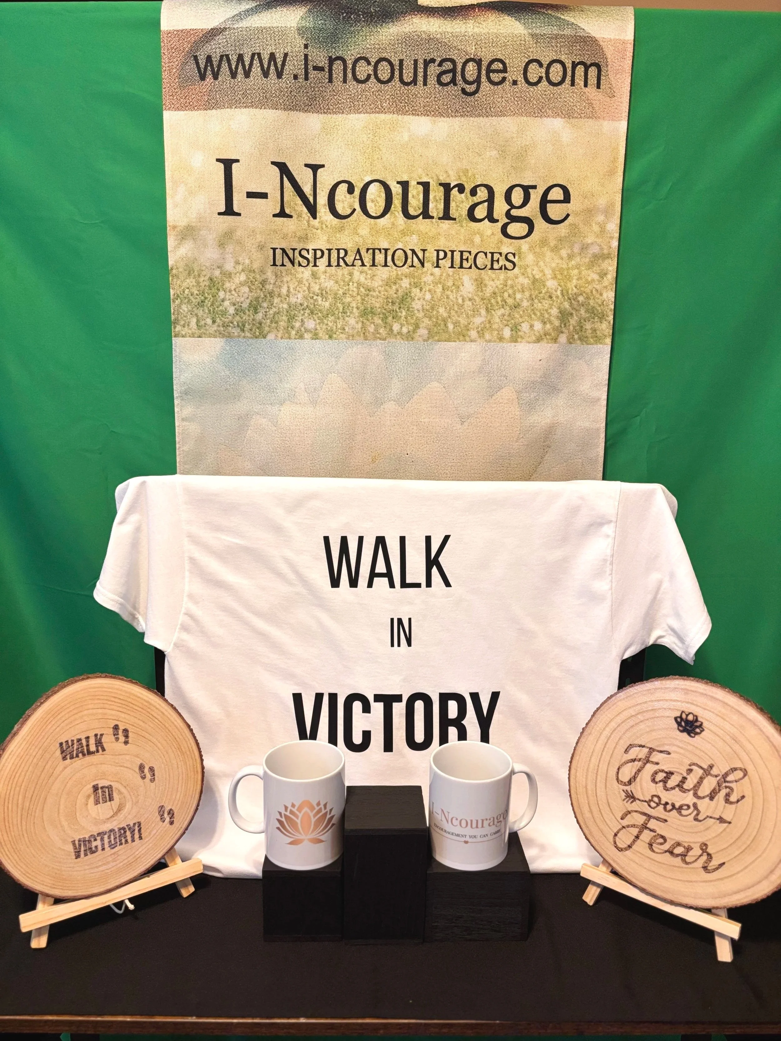 "Walk In Victory encouragement collection with motivational t-shirt, engraved affirmation wood pieces, and inspirational mugs from I-Ncourage."
