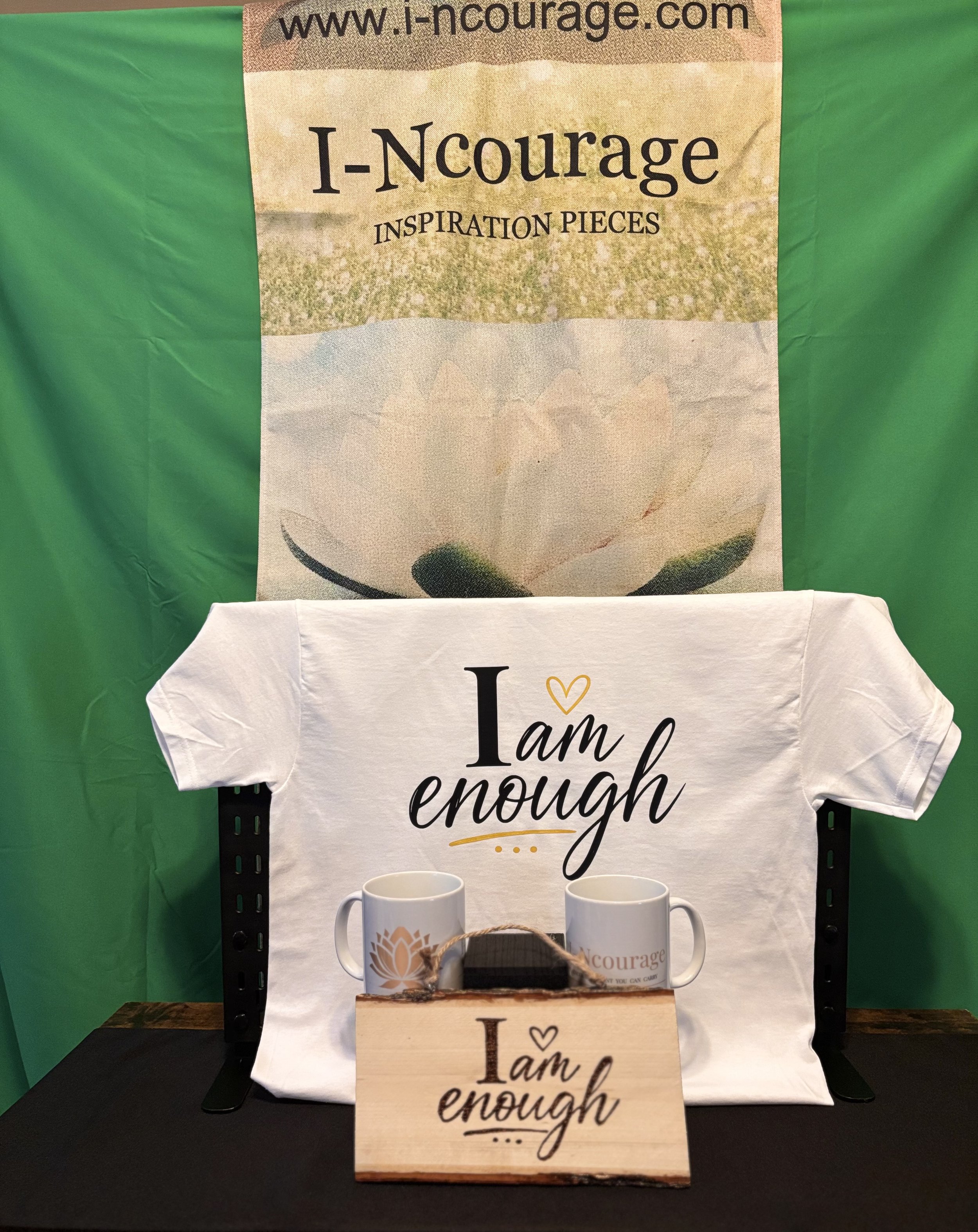 "I Am Enough encouragement collection with motivational t-shirt, engraved affirmation wood pieces, and inspirational mugs from I-Ncourage."