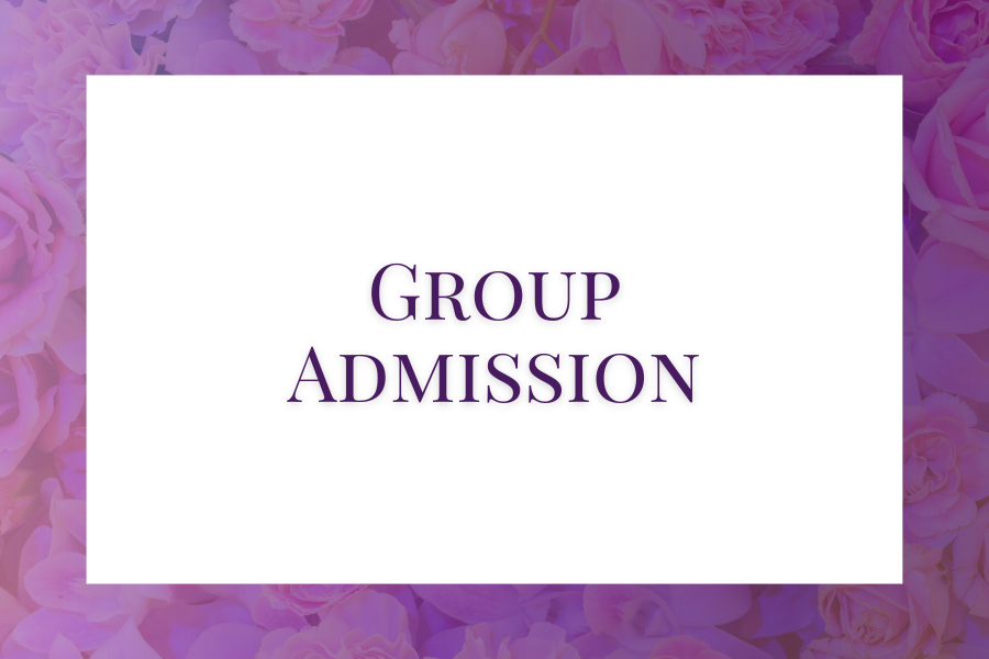 Sign with purple text reading 'Group Admission' on a white background, framed by a purple floral border.