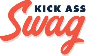 Text graphic with the words 'Kick Ass Swag' in bold, stylized font, with 'Kick Ass' in dark blue and 'Swag' in red.