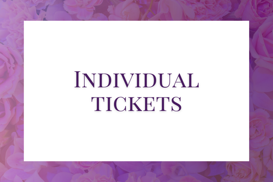 White card with purple text reading "Individual Tickets" against a background of pink and purple flowers.