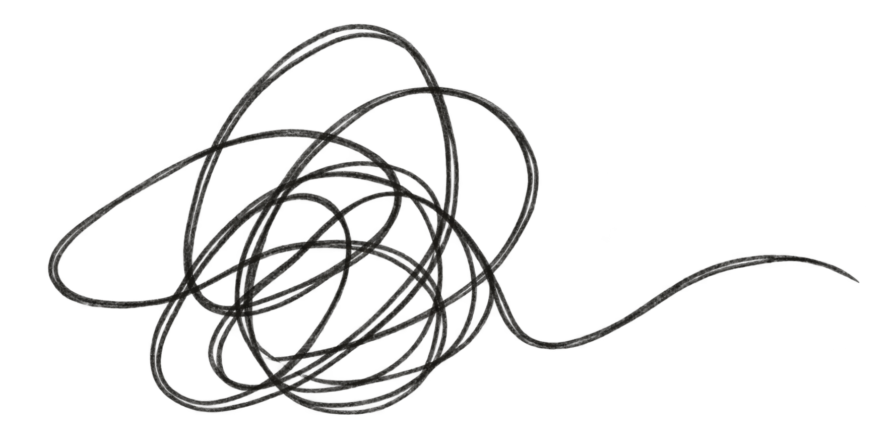 A tangled, black shoelace with multiple loops and a loose end extending outward.