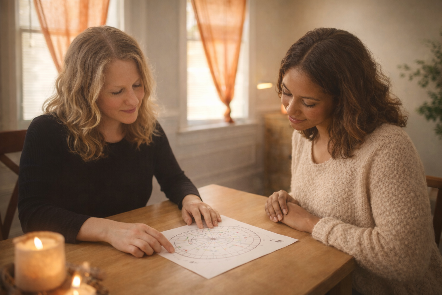 Two women looking over an astrology chart in a coaching session.