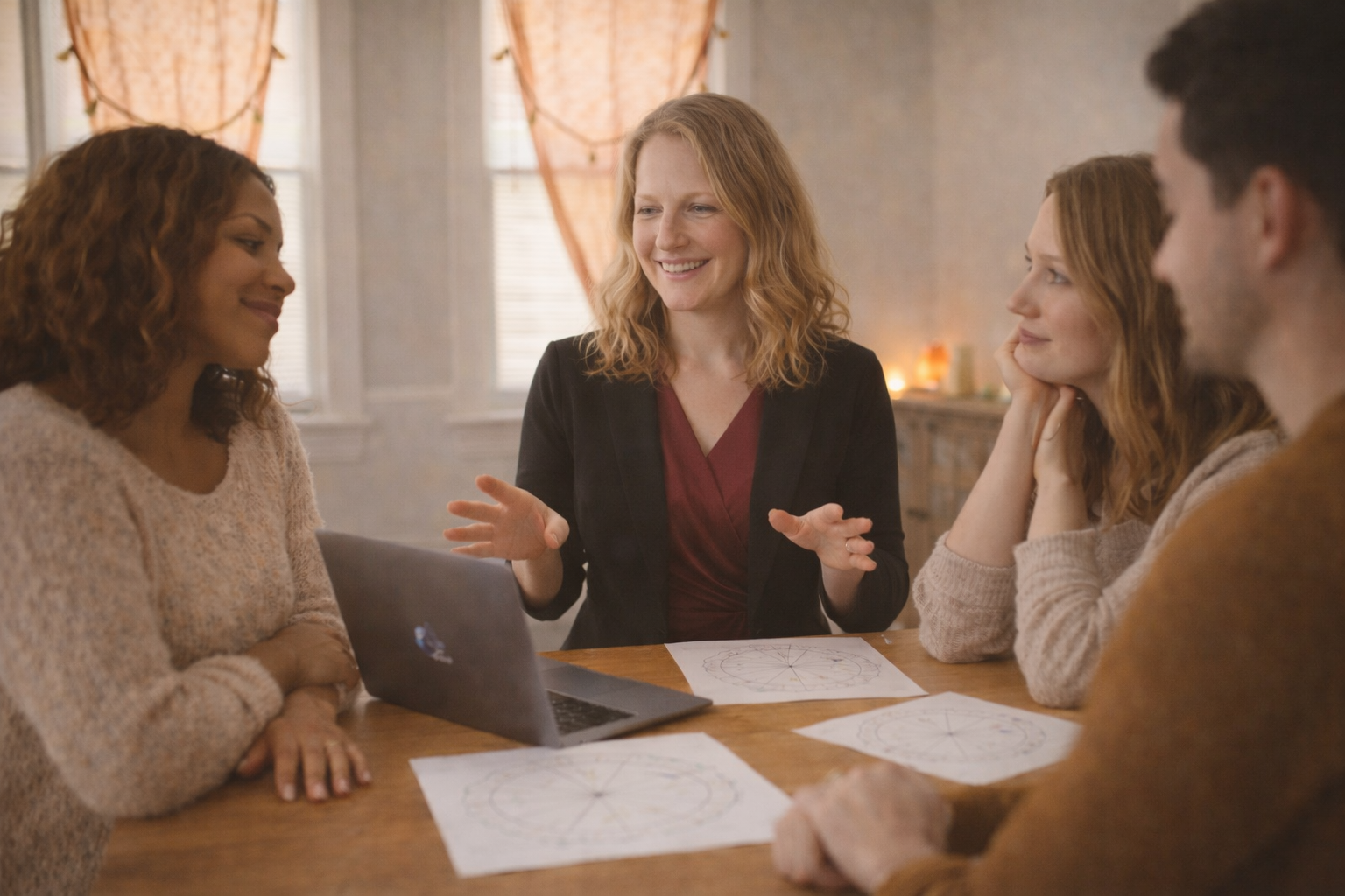 Cat Wilson leads a small group of astrology students. They sit at a small table with birth charts and notes surrounding them.