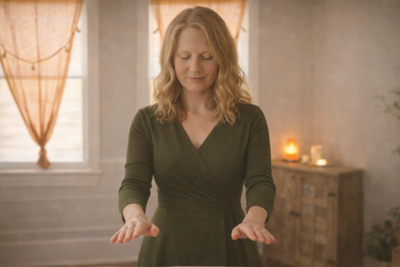 An image of Cat Wilson in her office demonstrating energy healing and reiki healing.