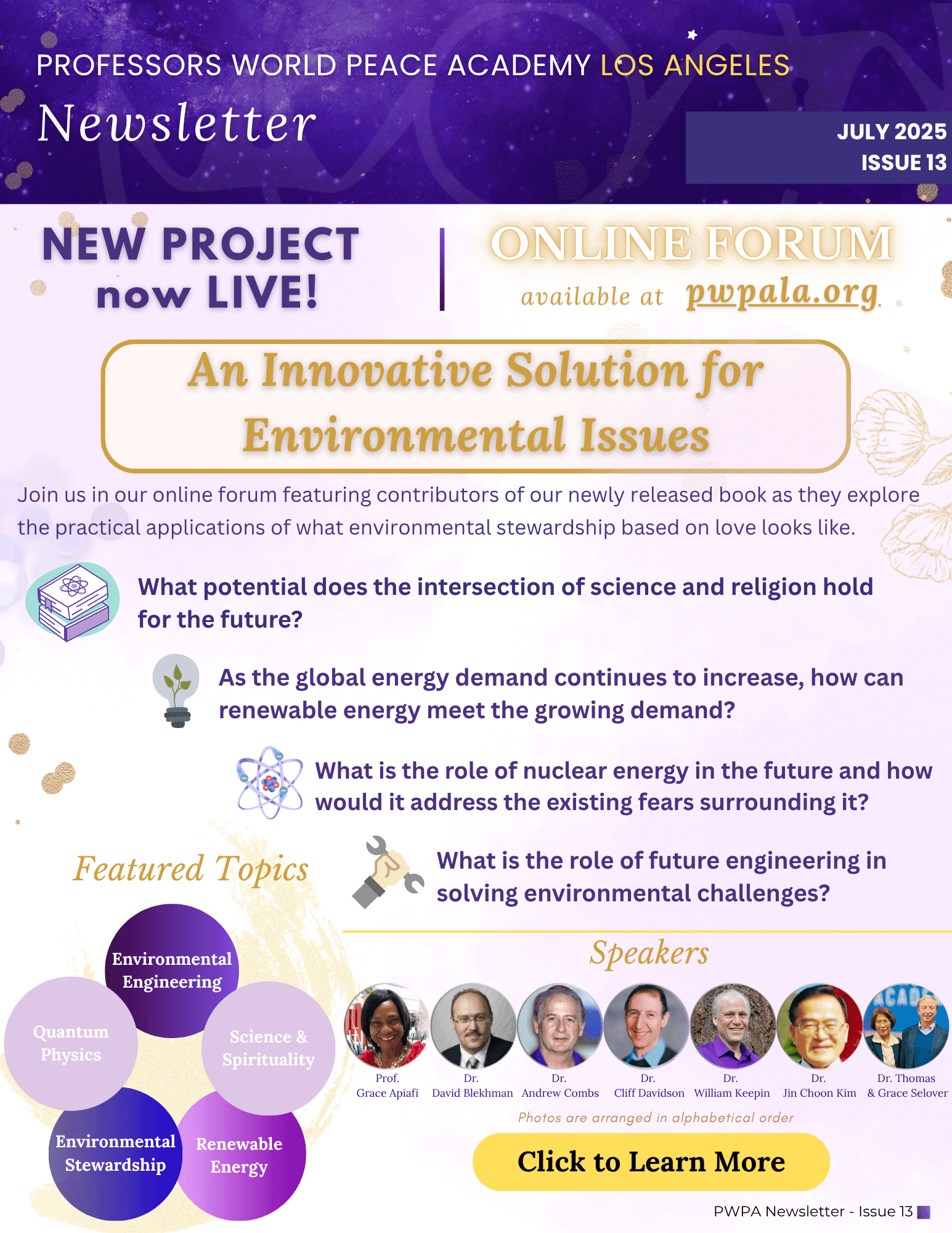 First page of newsletter issue 13 highlighting online forum, "An Innovative Solution for Environmental Issues."