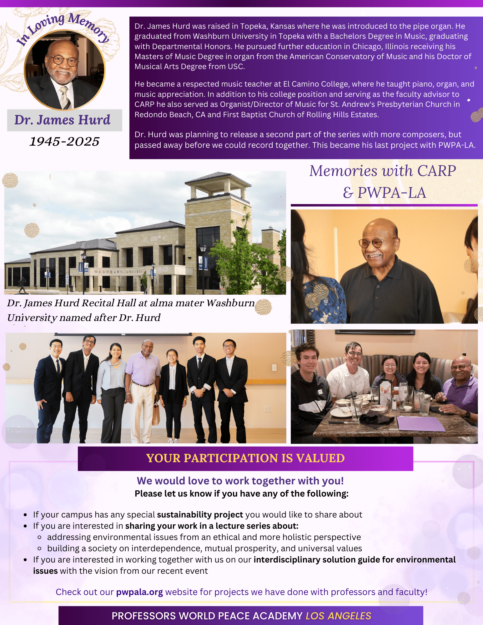 In memory of Dr. James Hurd (1945-2025), a dear friend to PWPA-LA and CARP. He was a renowned organicist and music professor.