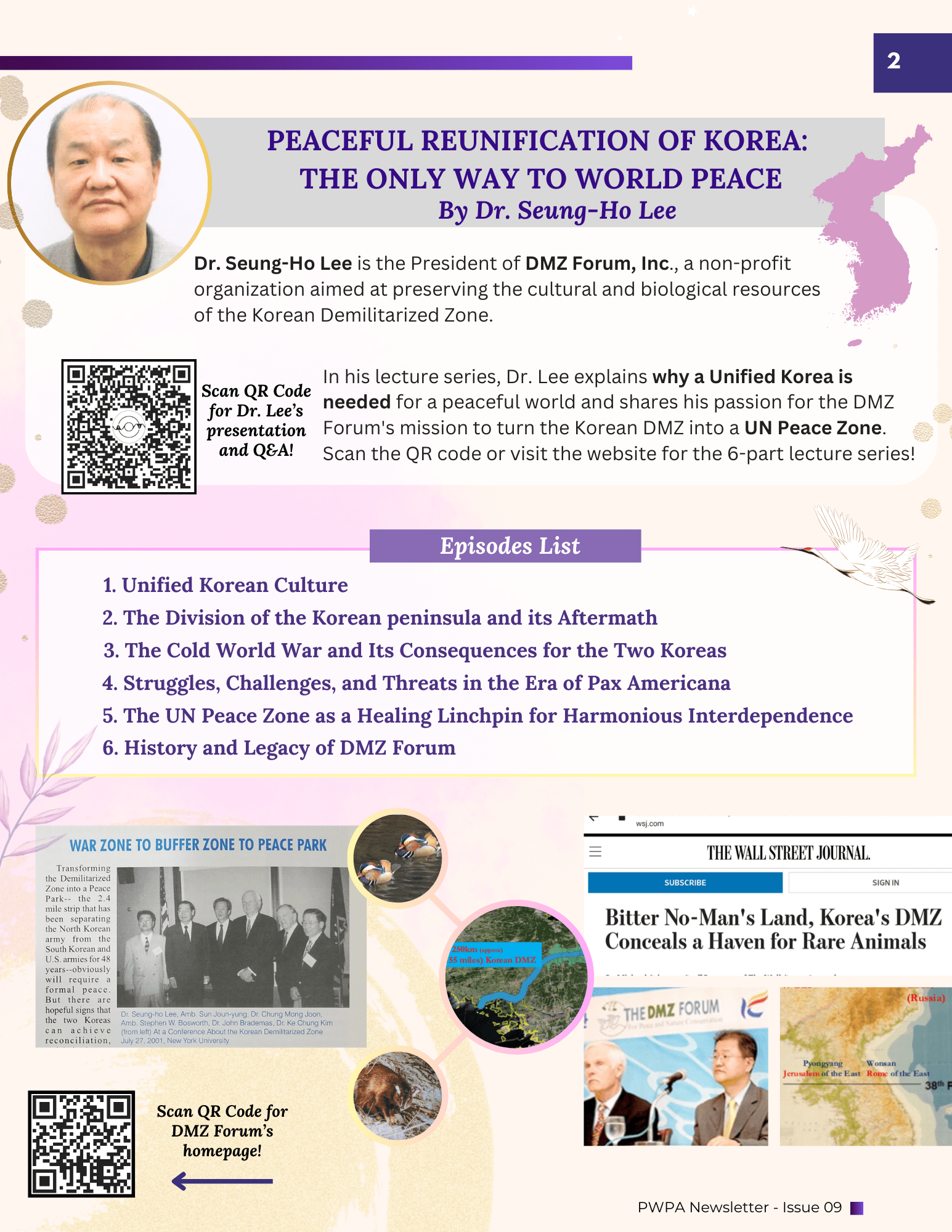 Newsletter page announcing our special lecture series "Peaceful Reunification of Korea: The Only Way to World Peace" by Dr. Seung Ho Lee