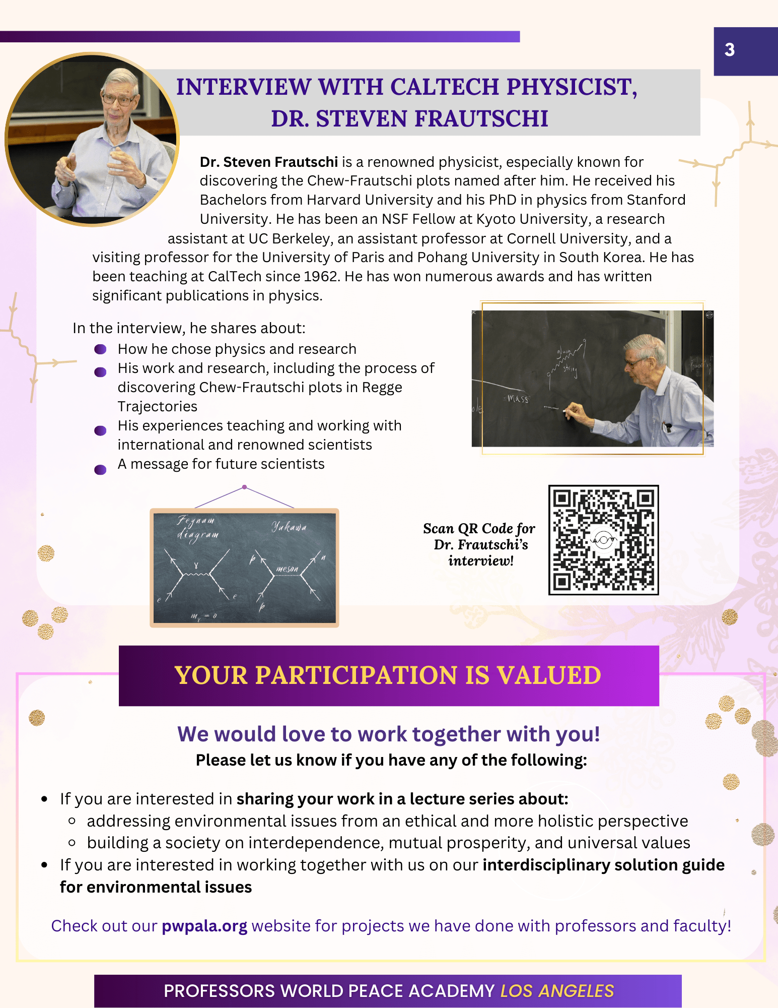 Newsletter page announcing our interview with CalTech physicist: Dr. Steven Frautschi