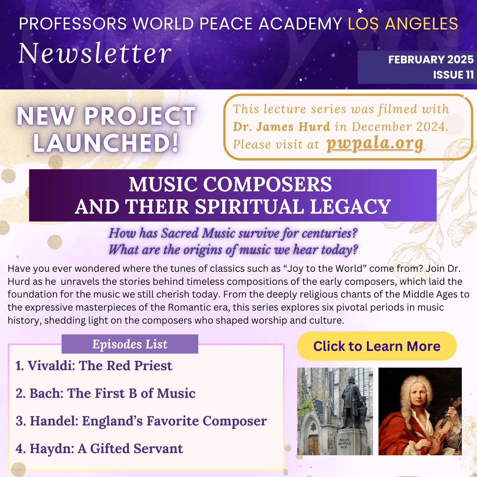 First page of newsletter issue 11 featuring Dr. James Hurd's series "Music Composers and their Spiritual Legacy."